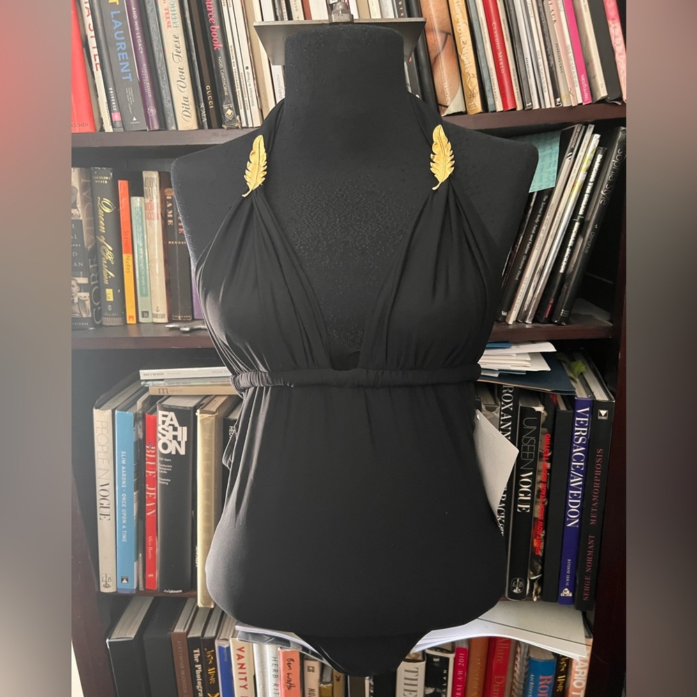 brazil designer RYGY halter gold leaf one piece black swimsuit NWT